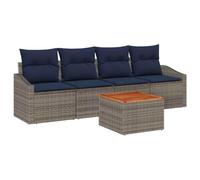 vidaXL Set di divani da giardino, 5 pezzi, grigio e blu navy, mobili da giardino e terrazza, divani componibili in acacia, resistente e in poli rattan, ideale per esterni