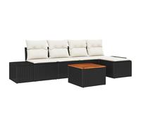 vidaXL Set di Divani da Giardino 6 Pezzi con Cuscini Neri e Bianchi in Rattan Polietilene e Acacia. Mobili per Interni ed Esterni, Seduta Elegante per Persone, Configurazione Modulare per Terrazza e