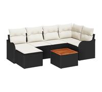 vidaXL Set di Divani da Giardino 7 Pezzi con Cuscini Vimini Nero Polirattan Acacia, Divano da Giardino 2 Posti con Cuscini Vimini Nero Polirattan