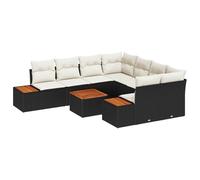 vidaXL Set di Divani da Giardino 9 Pezzi con Cuscini Nero e Bianco Rattan Legno Acacia Tavolo da caffè Resistente ai Raggi UV Mobili Modulari da Esterno Divano in Rattan da Patio per 3 Persone