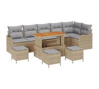 vidaXL Set di Divani da Giardino 10 Pezzi con Cuscini Beige Polyrattan Acacia, Divano da Giardino 2 Persone con Cuscini Beige Polyrattan, Set da Pranzo da Giardino 4 Pezzi con Cusci