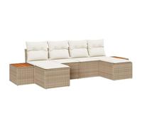 vidaXL Set di Divani da Giardino a 6 Pezzi con Cuscini Beige in Polyrattan e Acacia, Seduta Modular per 5 Persone, Mobili Resistenti ai Raggi UV, Fodere Facili da Rimuovere, Manutenzione Semplice per