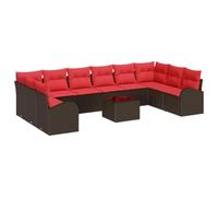 vidaXL Set di divani da giardino con cuscino, 11 pezzi, marrone e rosso, mobili da giardino e terrazza, set moderno, modulare, divano per esterni, resistente alle intemperie