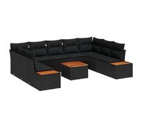 vidaXL Set di Divano da Giardino da 10 Pezzi con Cuscini Nero Polyrattan Acacia