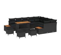 vidaXL Set di Divani da Giardino 13 Pezzi con Cuscini Nero Polyrattan Acacia, Set da Pranzo da Giardino 4 Pezzi con Cuscini Nero Polyrattan Acacia