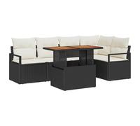 Set Divano da Giardino 6 Pezzi con Cuscini Nero Rattan Polietilene Acacia, Divano da Giardino 2 Posti con Cuscini Nero Rattan Polietilene