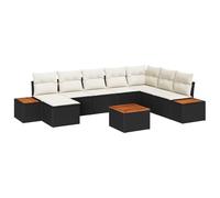 vidaXL Set Divano da Giardino 9 Pezzi con Cuscini in polyrattan Nero e Acacia, Divano da Giardino a 2 posti con Spazio di stoccaggio & Cuscini in polyrattan Nero