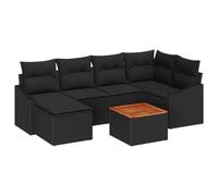 vidaXL Set di 7 divani da giardino con cuscino, nero, in polyrattan e acacacia, per esterni, per patio, balcone, design modulare, resistente ai raggi UV, per divano angolare