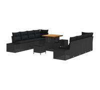 Set di Divani da Giardino 11 Pezzi con Cuscini Rattan Poly Nero Acacia, Divano da Giardino a 2 Posti con Cuscini Rattan Poly Nero, Set da Pranzo da Giardino 3 Pezzi con Cuscini Rattan Poly Nero Acacia