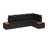 Set di 5 Pezzi Divano da Giardino con Cuscini Nero Polyrattan Acacia, Divano da Giardino a 2 Posti con Storage&Cuscini Nero Polyrattan