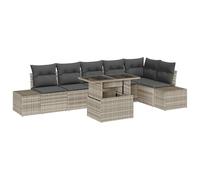vidaXL Set per panca da giardino con cuscino, 7 pezzi, colore: beige e grigio, in polyrattan, resistente alle intemperie, mobili per esterni, capacità 6 include tavolo, contenitore rettangolare, patio