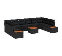 vidaXL Set di Divani da Giardino 11 Pezzi con Cuscini Nero in Polyrattan e Acacia, Divano a 2 posti Spazio di Stoccaggio e Cuscini Nero in Polyrattan