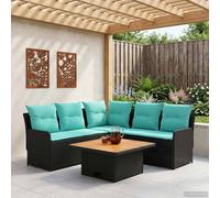 vidaXL Set di Mobili con cuscino 4 pcs Nero e Turchese Rattan in PE, Set di mobili con piedi regolabili, rattan PE per interni e esterni, lounge moderna, comode sedute da giardino