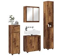 vidaXL Set di mobili da bagno con cassetto con ruota, 4 pezzi in legno antico, set da bagno moderno, grande stoccaggio, design rettangolare, specchio elegante, organizzatori compatti