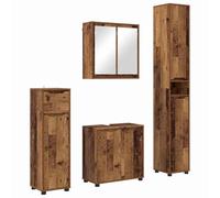 vidaXL Set di mobili da bagno con cassetto con ruota, 4 pezzi in legno antico, set da bagno moderno, grande stoccaggio, design rettangolare, specchio elegante, organizzatori compatti
