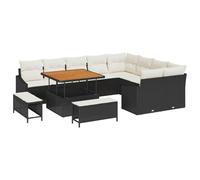 vidaXL Set di Mobili da Giardino 12 Pezzi con Cuscini in Rattan Nero e Acacia. Perfetto per 5 Persone, Include Tavolo e Sgabelli. Lounge Modulabile con Sedute Retrattili, Resistente alle Intemperie,