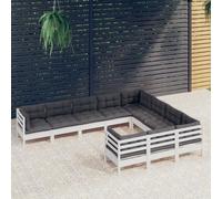 vidaXL Set Divani da Giardino 10 pz con Cuscini Bianchi Legno di Pino