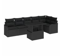 Set Divani Giardino 7 Pezzi con Cuscini Polyrattan Nero, Divano Giardino 2 Posti con Ripostiglio e Cuscini Polyrattan Nero