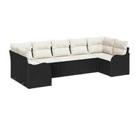 Set Giardino 7 Pezzi con Cuscini Nero Polyrattan, Divano Giardino per 2 con Armadietto e Cuscini Nero Polyrattan