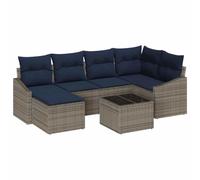 vidaXL Set divano con cuscino, 7 pezzi, in polyrattan, grigio e blu navy, set sofà modulare per giardino e terrazza, rettangolare, robusto, leggero, resistente ai raggi UV, con scomparti portaoggetti