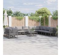 Mobili da patio modulari per l'esterno con struttura in alluminio nera e cuscini in poliestere grigio scuro, resistenti alle intemperie. Set di 10 pezzi, comprende 5 sedute angolari e centrali, finit