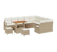 vidaXL Set Divano da Giardino 12 Pezzi con Cuscini Beige Rattan Poli Acacia, Divano da Giardino 2 Posti con Spazio di Stoccaggio & Cuscini Beige Rattan Poli, Set da Pranzo da Giardino