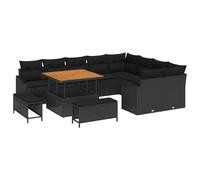vidaXL Set Divano da Giardino 12 Pezzi con Cuscini Rattan Nero Acacia, Set Tavolo da Giardino 3 Pezzi con Cuscini Rattan Nero Acacia, Divano da Giardino a Due Posti Cuscini Rattan N