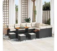 Set Divano da Giardino in Rattan Polyrattan Nero con Cuscini 13 Pezzi