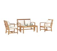 Set da patio in teak all'aperto: 1 panchina, 2 sedie e un tavolo in legno massello, colore naturale e crema-marrone. Costruzione robusta, resistente alle intemperie e comoda per balconi e terrazze.