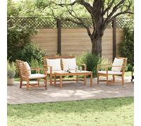 Set da patio in teak all'aperto: 1 panchina, 2 sedie e un tavolo in legno massello, colore naturale e crema-marrone. Costruzione robusta, resistente alle intemperie e comoda per balconi e terrazze.
