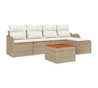 vidaXL Set Divano da Giardino 6 Pezzi con Cuscini Beige Polirattan Acacia, Divano da Giardino 2 Posti con Cuscini Beige Polirattan