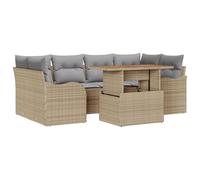 Set Divano da Giardino in 7 Pezzi con Cuscini Beige Rattan Poly Acacia