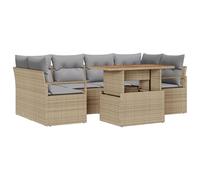 vidaXL Set Divano da Giardino 7 Pezzi con Cuscini Beige in Polyrattan e Struttura in Acacia, Resistente alle Intemperie, Mobili Moderni per Il Terrazzo e Lounge, Posto Relax