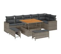 vidaXL Set Divano da Giardino 9 Pezzi con Cuscini Grigi in Rattan e Legno, Resistente all'Acqua. Ha Gambe Regolabili, Perfetto per balconi, patii e pranzi all'aperto, con Uno Stile Moderno per Il tu