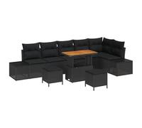 vidaXL Set Divano da Giardino 9 Pezzi con Cuscini Nero Polyrattan Acacia, Divano da Giardino 2 Posti con Cuscini Nero Polyrattan, Set da Pranzo da Giardino 3 Pezzi con Cuscini Nero Poly