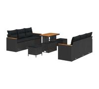 vidaXL Set Divano da Giardino 9 Pezzi con Cuscini Nero Polyrattan Acacia, Set da Pranzo da Giardino 3 Pezzi con Cuscini Nero Polyrattan Acacia