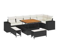 vidaXL Set Divano da Giardino 9 Pezzi con Cuscini Polyrattan Nero Acacia Panna Chiara - Arredamento Esterno Confortevole, Moderno per 4 Persone, Mobili da Balcone Lounge