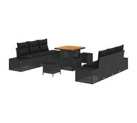vidaXL Set Divano da Giardino 9 Pezzi con Cuscini Nero Polyrattan Acacia, Divano da Giardino 2 Posti con Cuscini Nero Polyrattan, Set da Pranzo da Giardino 3 Pezzi con Cuscini Nero Poly