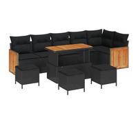 Set Divano Giardino 10 Pezzi con Cuscini Polyrattan Nero Acacia, Divano Giardino Due Persone con Cuscini Polyrattan Nero, Set Pranzo Giardino 4 Pezzi con Cuscini Polyrattan Nero Acacia