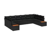 vidaXL Set Divano da Giardino di 10 Pezzi con Cuscini Nero in Polyrattan Acacia
