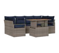 vidaXL Set Divano da Giardino con cuscino 7 pcs grigio e blu navy, Sofa moderno modulare per giardino e terrazzo, materiali resistenti UV, arredi in rattan e tavolo in acacia