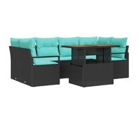 vidaXL Set Divano da Giardino con cuscino 7 pcs Nero e blu, Sofa moderno modulare per giardino e terrazzo, materiali resistenti UV, arredi in rattan e tavolo in acacia