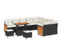 vidaXL Set di 12 divani da giardino con cuscino, nero in rattan di acacia, 3 pezzi, tavolo da pranzo da giardino con cuscino, nero in rattan di acacia