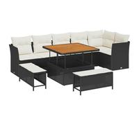 vidaXL Set di divani da giardino 9 pezzi con cuscini in rattan nero di Acacia, set da sala da pranzo da giardino 3 pezzi con cuscini in polyrattan nero acacia