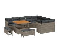 Set Divano Giardino 12 Pezzi con Cuscini Grigio Rattan Acacia, Set da Pranzo Giardino 3 Pezzi con Cuscini Grigio Rattan Acacia