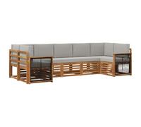 vidaXL Set divano sezionale con cuscino 6 pcs Naturale e Grigio Chiaro, Divano moderno in legno di acacia, resistente set lounge da giardino, arredo modulare per patio e bordo piscina