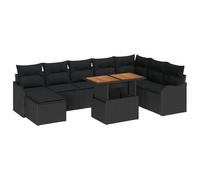 vidaXL Set di Divano da Giardino 9 Pezzi con Cuscini Rattan Polietilene Acacia Nera, Divano da Giardino 2 Posti con Cuscini Rattan Polietilene Nera