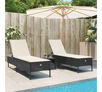 Set Lettini Prendisole con Cuscini 3pz Nero in Polyrattan