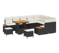 vidaXL Set di divani da Giardino 12 Pezzi con Cuscini in polyrattan Nero e Acacia, Set da Pranzo da Giardino 3 Pezzi con Cuscini in polyrattan Nero e Acacia