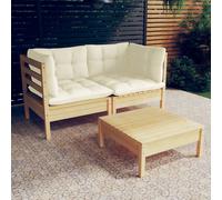 Set Salotto da Giardino 3 pz con Cuscini Crema Legno di Pino